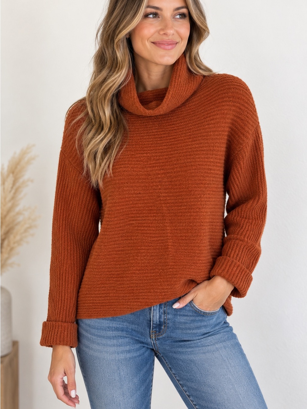 Daily Ritual Womens Rust Orange Cowl Neck Knit Pullover Sweater, Fall, Size S